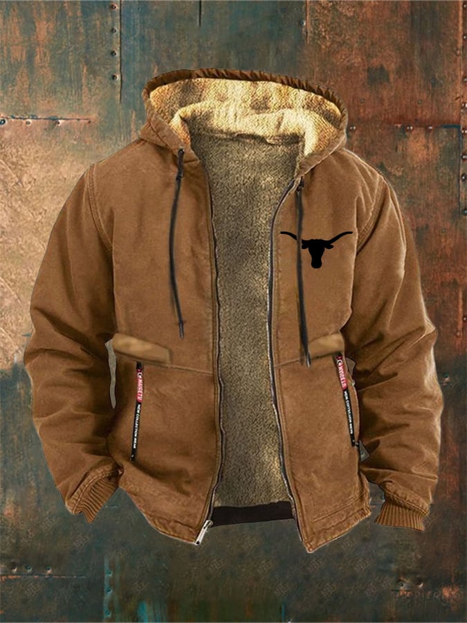 Men's Retro Western Print Velvet Zip Outerwear