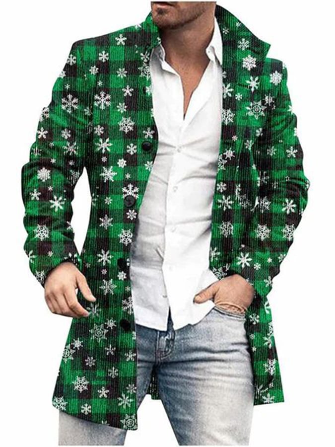 Men's Fashionable Christmas Element Printed Woolen Coat