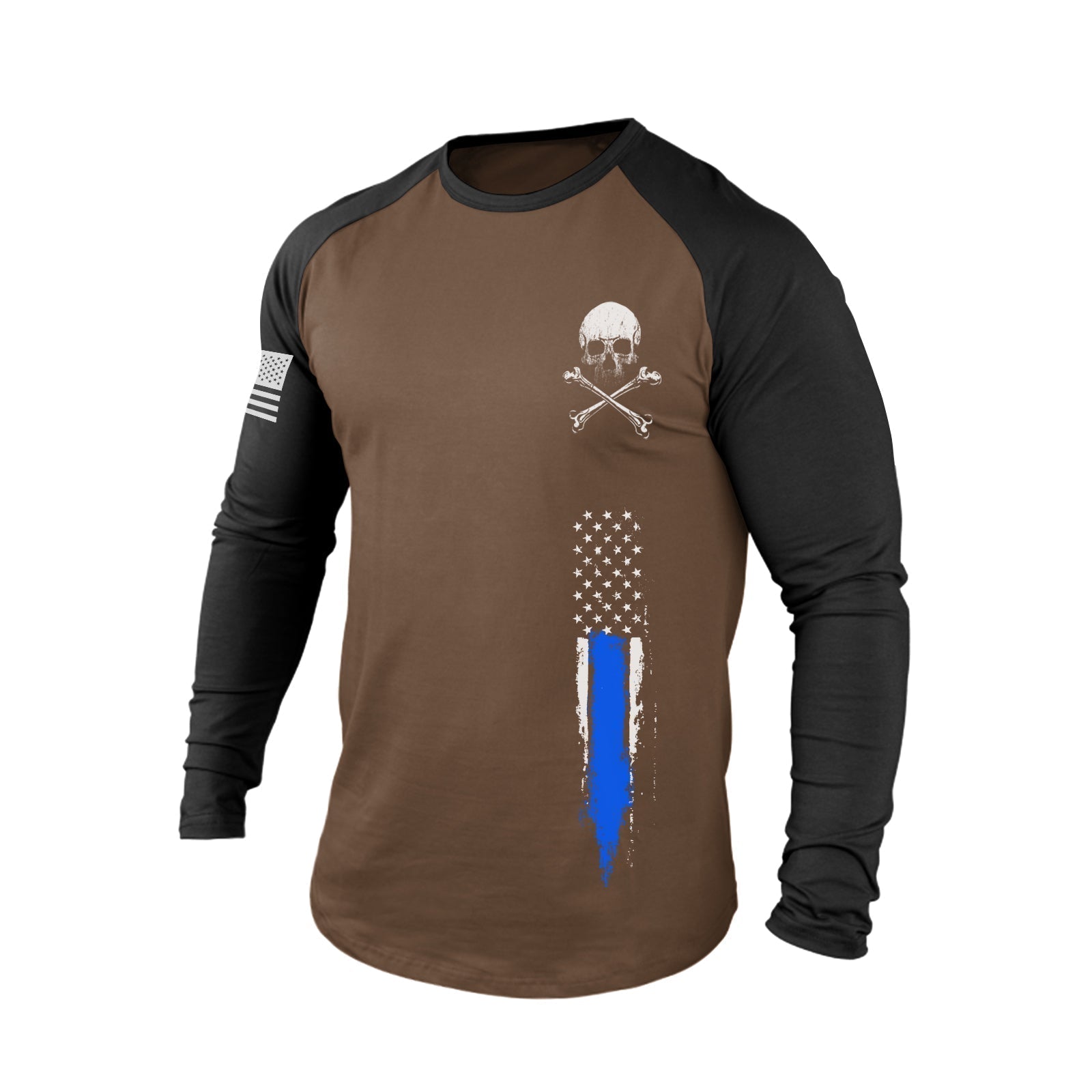 SKULL USA FLAG 100% COTTON RAGLAN GRAPHIC LONG SLEEVE T-SHIRT