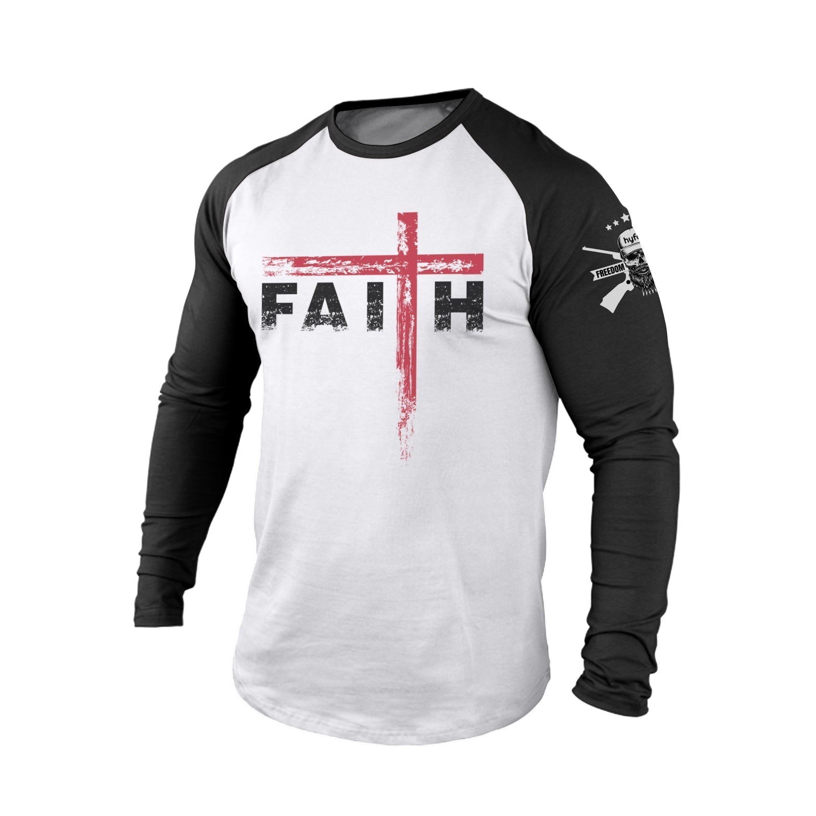 FAITH CROSS  100% COTTON RAGLAN GRAPHIC LONG SLEEVE T-SHIRT