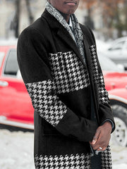 Men's Thickened Mid-length Houndstooth Color-block Woolen Coat