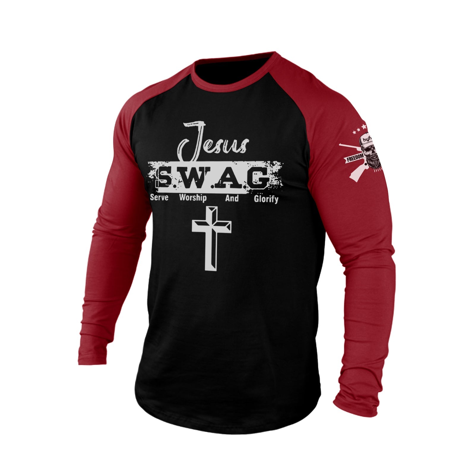 JESUS S.W.A.G CROSS 100% COTTON RAGLAN GRAPHIC LONG SLEEVE T-SHIRT