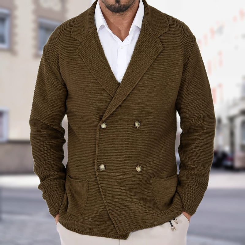 Men's Solid Color Double Breasted Suit Collar Knitted Cardigan
