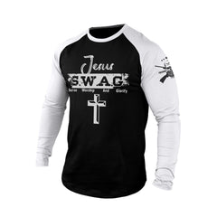 JESUS S.W.A.G CROSS 100% COTTON RAGLAN GRAPHIC LONG SLEEVE T-SHIRT